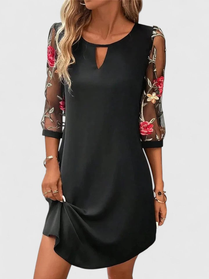 Henrietta Blackwell | Navy Floral Embroidered Mesh Sleeve Mini Dress
