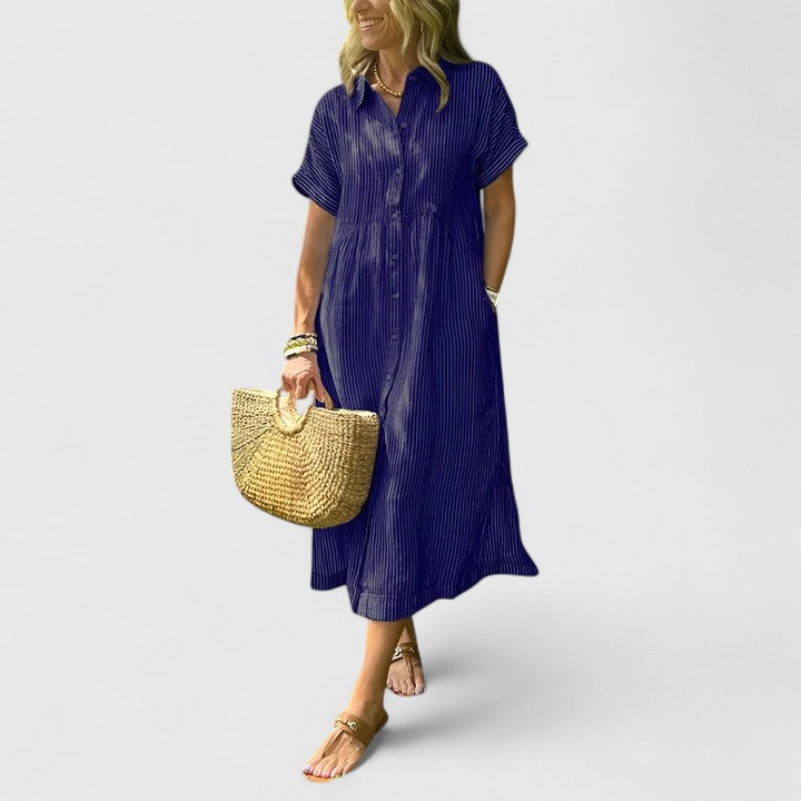 Clarisse Devonport | Blue Striped Linen Midi Shirt Dress