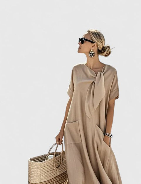 Nadège Villefort | Brown Maxi Dress with Neck Tie & Pockets