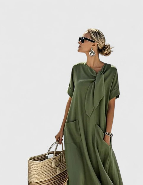 Nadège Villefort | Brown Maxi Dress with Neck Tie & Pockets