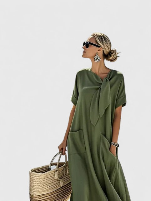 Nadège Villefort | Brown Maxi Dress with Neck Tie & Pockets