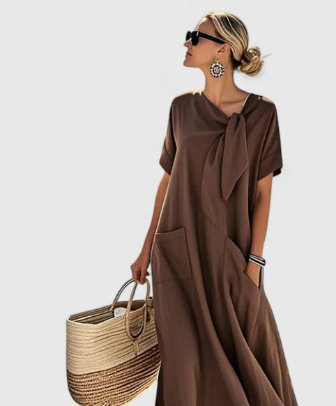 Nadège Villefort | Brown Maxi Dress with Neck Tie & Pockets