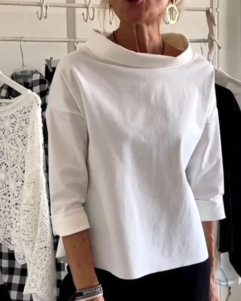 Nicolette Beauverne | White Bateau Neck 3/4 Sleeve Relaxed Top