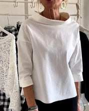 Nicolette Beauverne | White Bateau Neck 3/4 Sleeve Relaxed Top