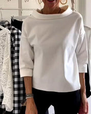 Nicolette Beauverne | White Bateau Neck 3/4 Sleeve Relaxed Top