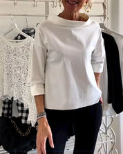 Nicolette Beauverne | White Bateau Neck 3/4 Sleeve Relaxed Top