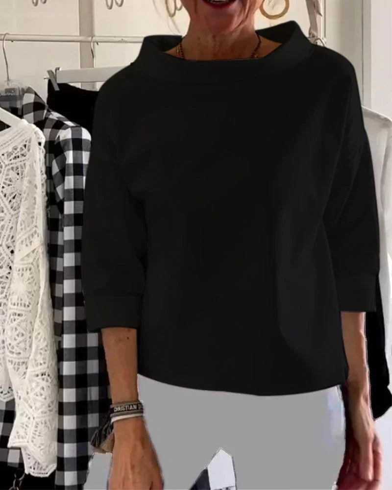Nicolette Beauverne | White Bateau Neck 3/4 Sleeve Relaxed Top
