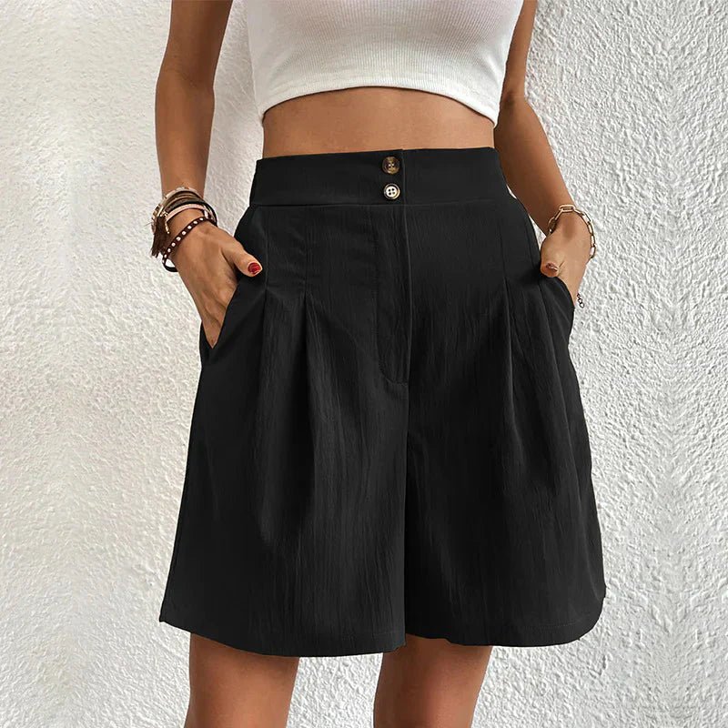 Emmeline Ravenfort | High Waist Wide Leg Pleated Shorts in Black