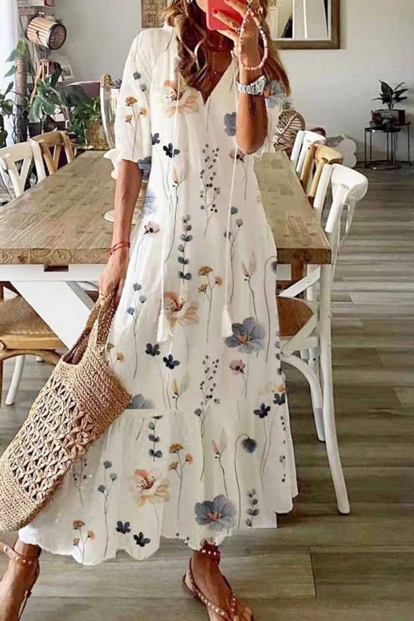 Céline Wyndvale | White Floral Print V-Neck Tassel Maxi Dress
