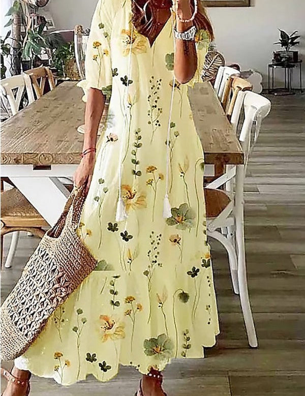 Céline Wyndvale | White Floral Print V-Neck Tassel Maxi Dress