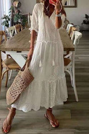 Céline Wyndvale | White Floral Print V-Neck Tassel Maxi Dress
