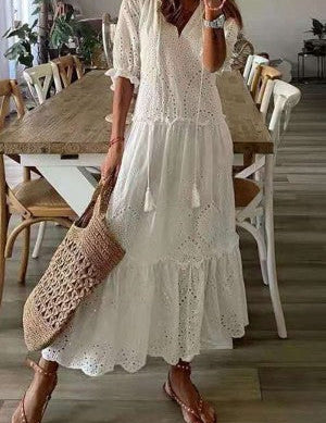 Céline Wyndvale | White Floral Print V-Neck Tassel Maxi Dress