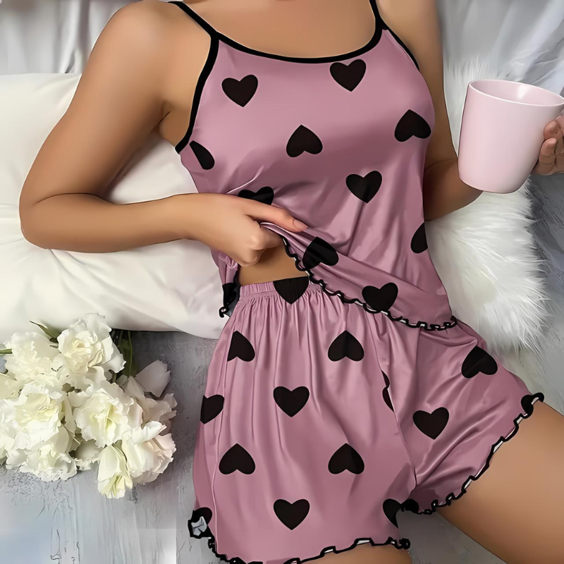 Lysanne Beaupré | Heart Print Cami & Shorts Pajama Set in Blue