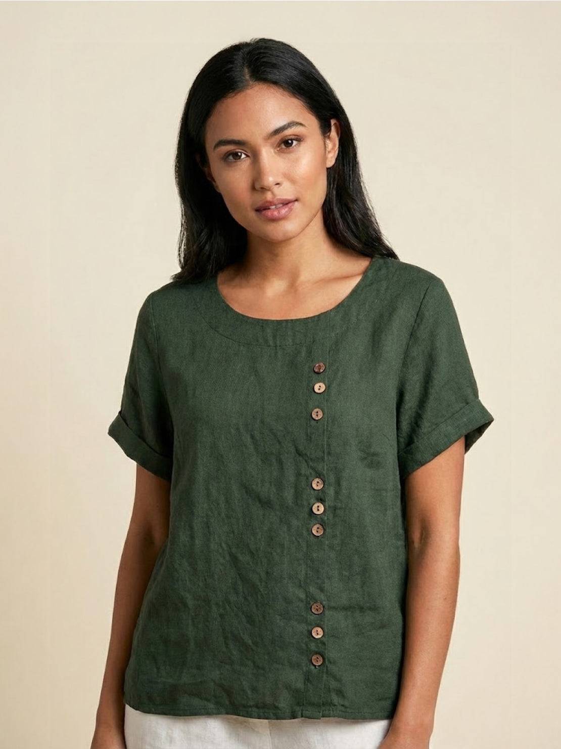Roseline Beaumont | Women's Green Linen Short Sleeve Top with Button Detail