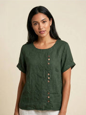 Roseline Beaumont | Women's Green Linen Short Sleeve Top with Button Detail