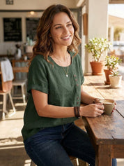 Roseline Beaumont | Women's Green Linen Short Sleeve Top with Button Detail