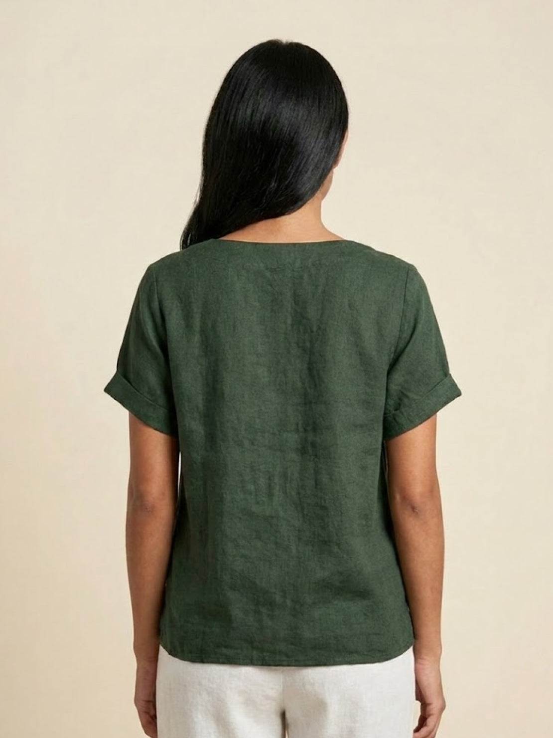 Roseline Beaumont | Women's Green Linen Short Sleeve Top with Button Detail