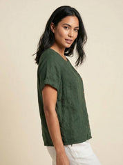 Roseline Beaumont | Women's Green Linen Short Sleeve Top with Button Detail