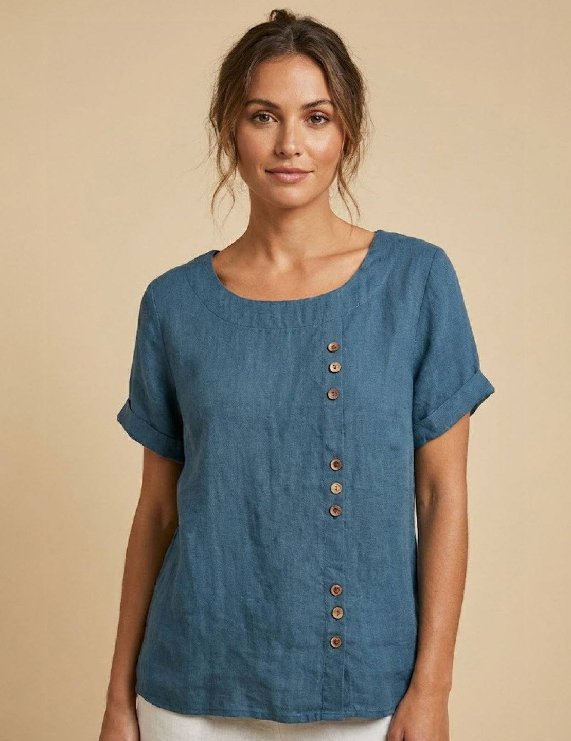 Roseline Beaumont | Women's Green Linen Short Sleeve Top with Button Detail