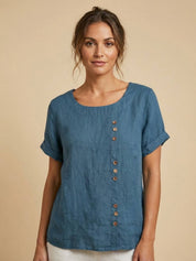 Roseline Beaumont | Women's Green Linen Short Sleeve Top with Button Detail