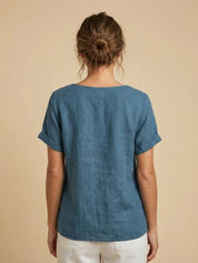 Roseline Beaumont | Women's Green Linen Short Sleeve Top with Button Detail