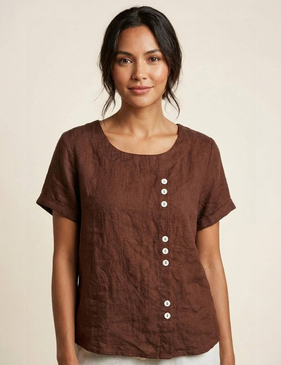 Roseline Beaumont | Women's Green Linen Short Sleeve Top with Button Detail