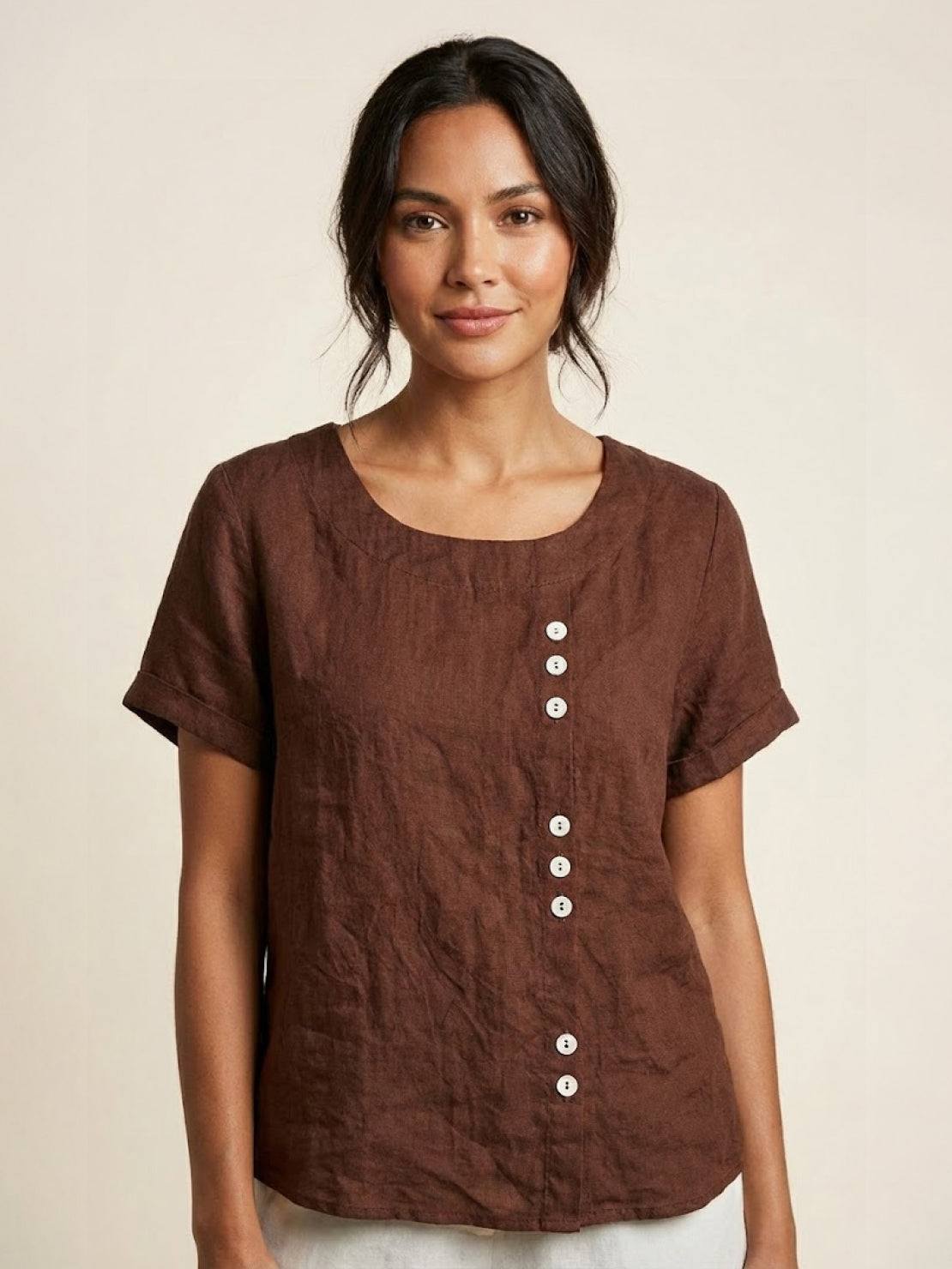 Roseline Beaumont | Women's Green Linen Short Sleeve Top with Button Detail