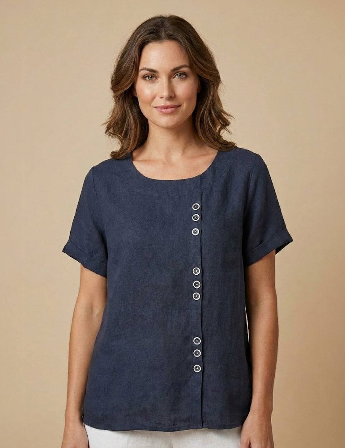 Roseline Beaumont | Women's Green Linen Short Sleeve Top with Button Detail