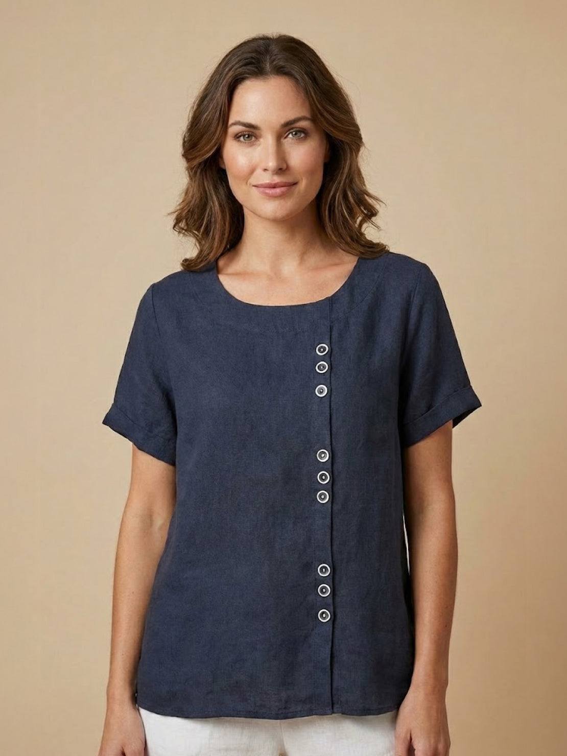 Roseline Beaumont | Women's Green Linen Short Sleeve Top with Button Detail