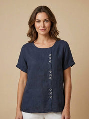 Roseline Beaumont | Women's Green Linen Short Sleeve Top with Button Detail