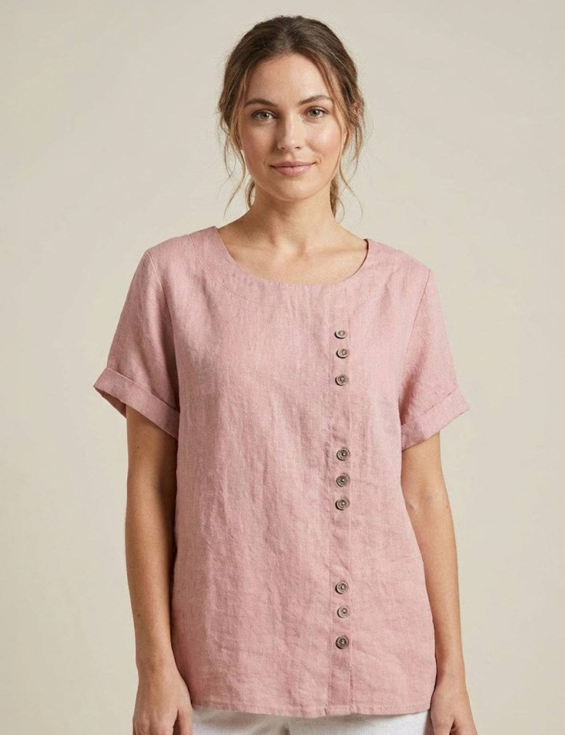 Roseline Beaumont | Women's Green Linen Short Sleeve Top with Button Detail