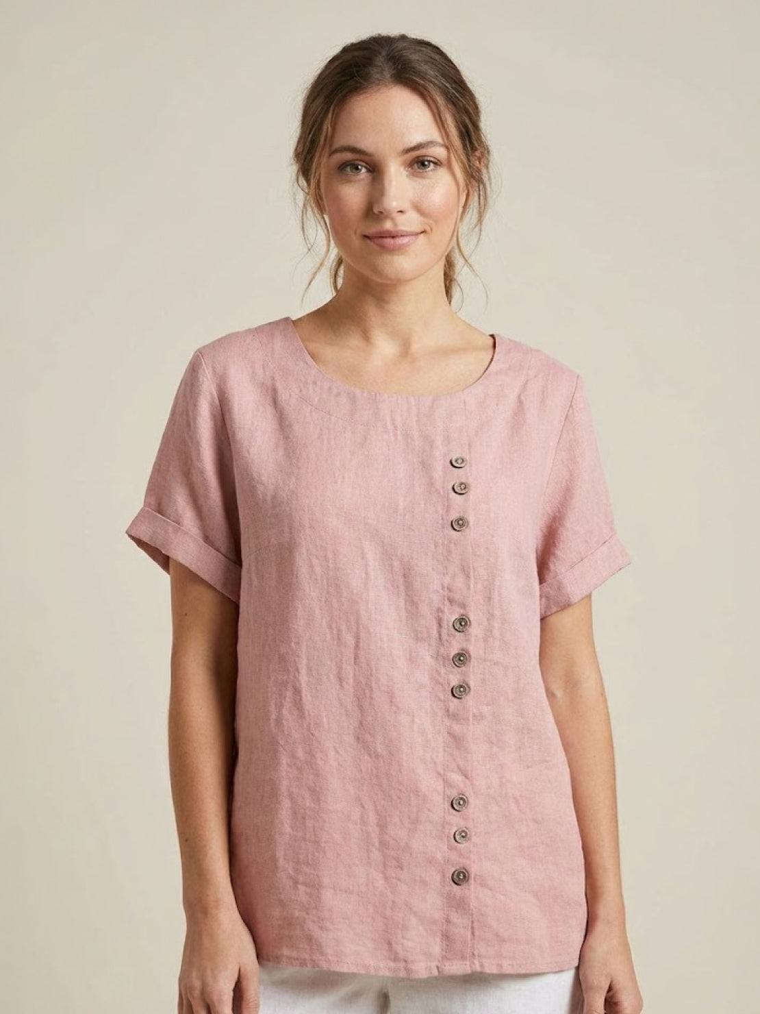 Roseline Beaumont | Women's Green Linen Short Sleeve Top with Button Detail