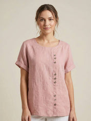 Roseline Beaumont | Women's Green Linen Short Sleeve Top with Button Detail