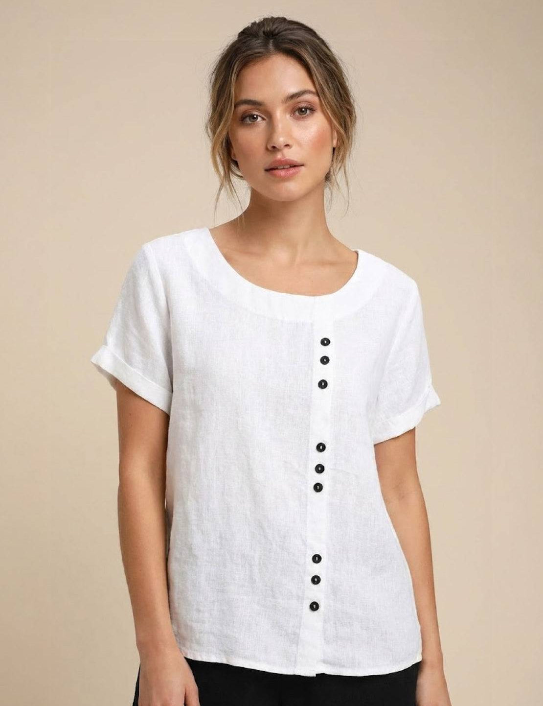 Roseline Beaumont | Women's Green Linen Short Sleeve Top with Button Detail