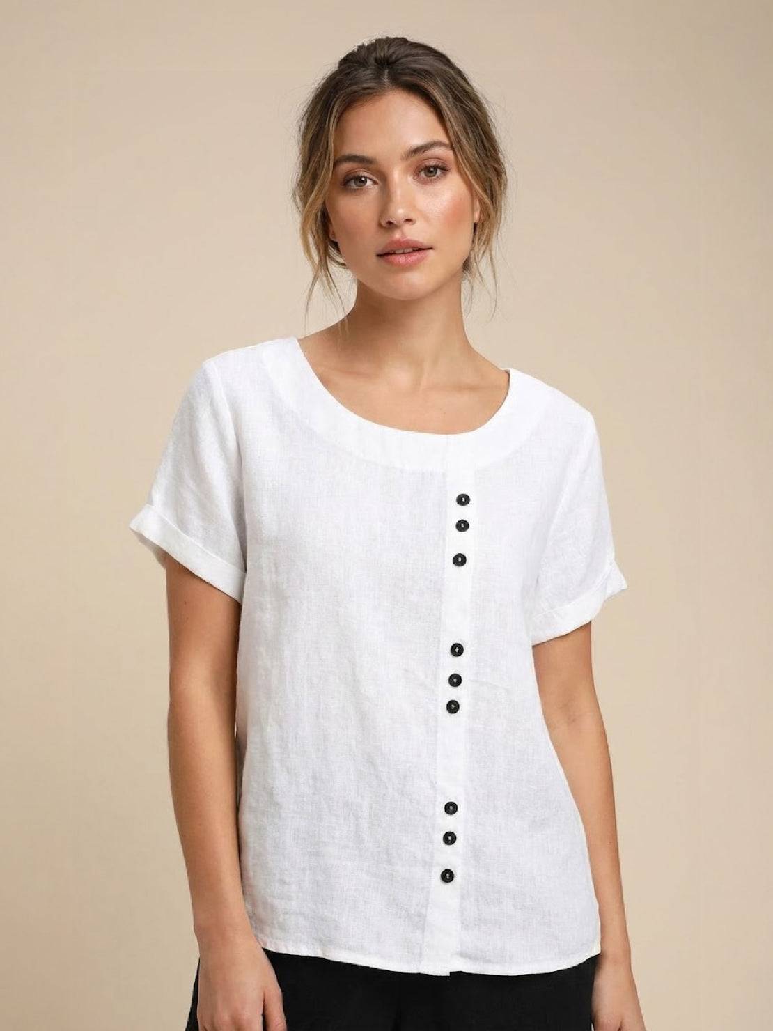 Roseline Beaumont | Women's Green Linen Short Sleeve Top with Button Detail