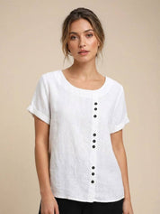Roseline Beaumont | Women's Green Linen Short Sleeve Top with Button Detail