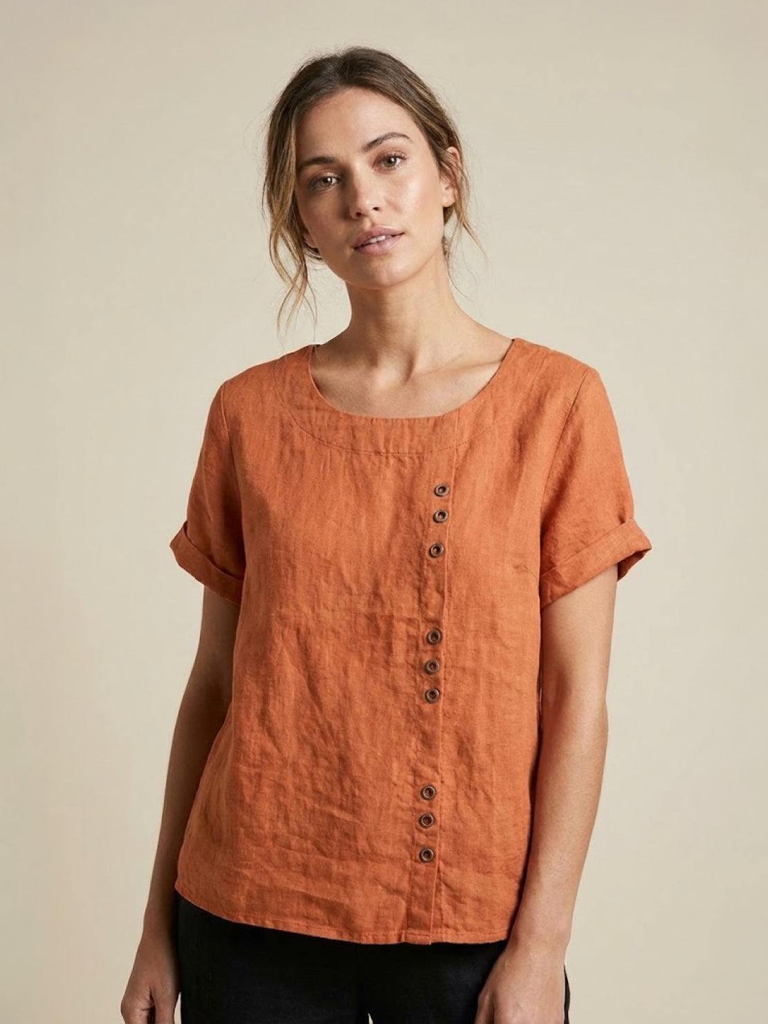Roseline Beaumont | Women's Green Linen Short Sleeve Top with Button Detail