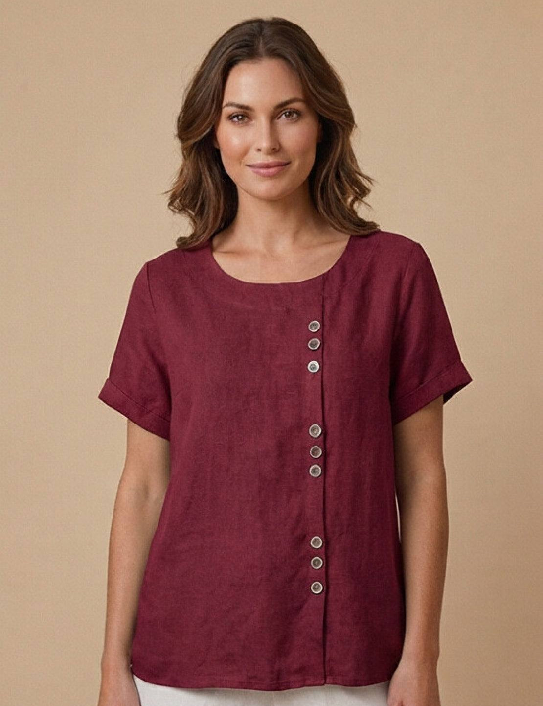 Roseline Beaumont | Women's Green Linen Short Sleeve Top with Button Detail
