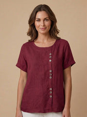 Roseline Beaumont | Women's Green Linen Short Sleeve Top with Button Detail