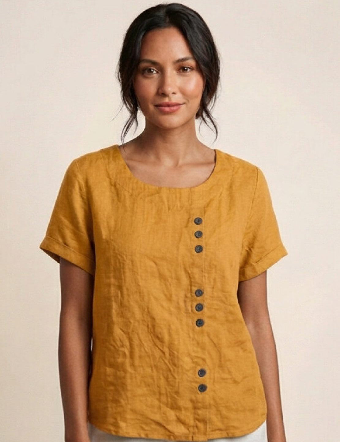 Roseline Beaumont | Women's Green Linen Short Sleeve Top with Button Detail
