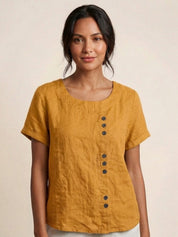 Roseline Beaumont | Women's Green Linen Short Sleeve Top with Button Detail