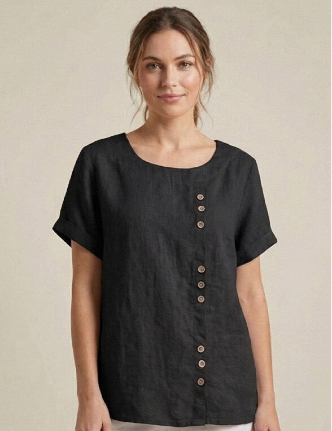 Roseline Beaumont | Women's Green Linen Short Sleeve Top with Button Detail