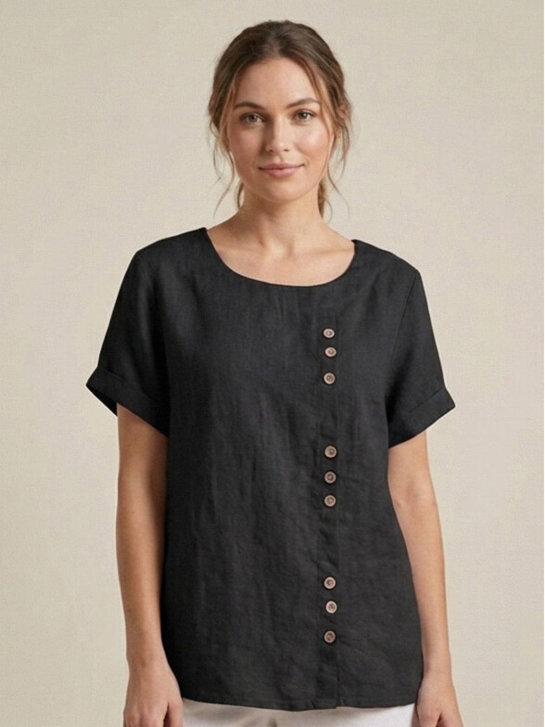 Roseline Beaumont | Women's Green Linen Short Sleeve Top with Button Detail