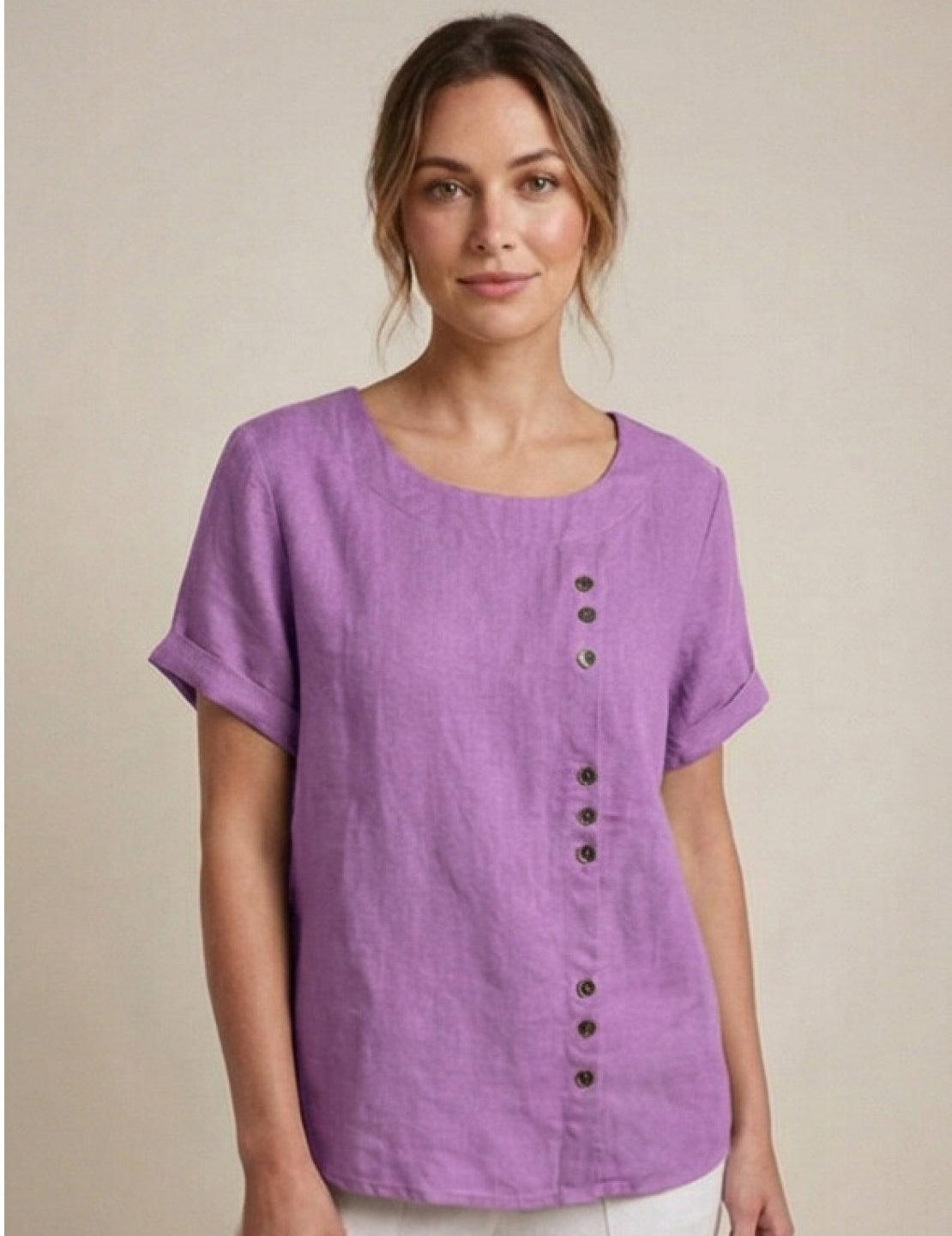 Roseline Beaumont | Women's Green Linen Short Sleeve Top with Button Detail