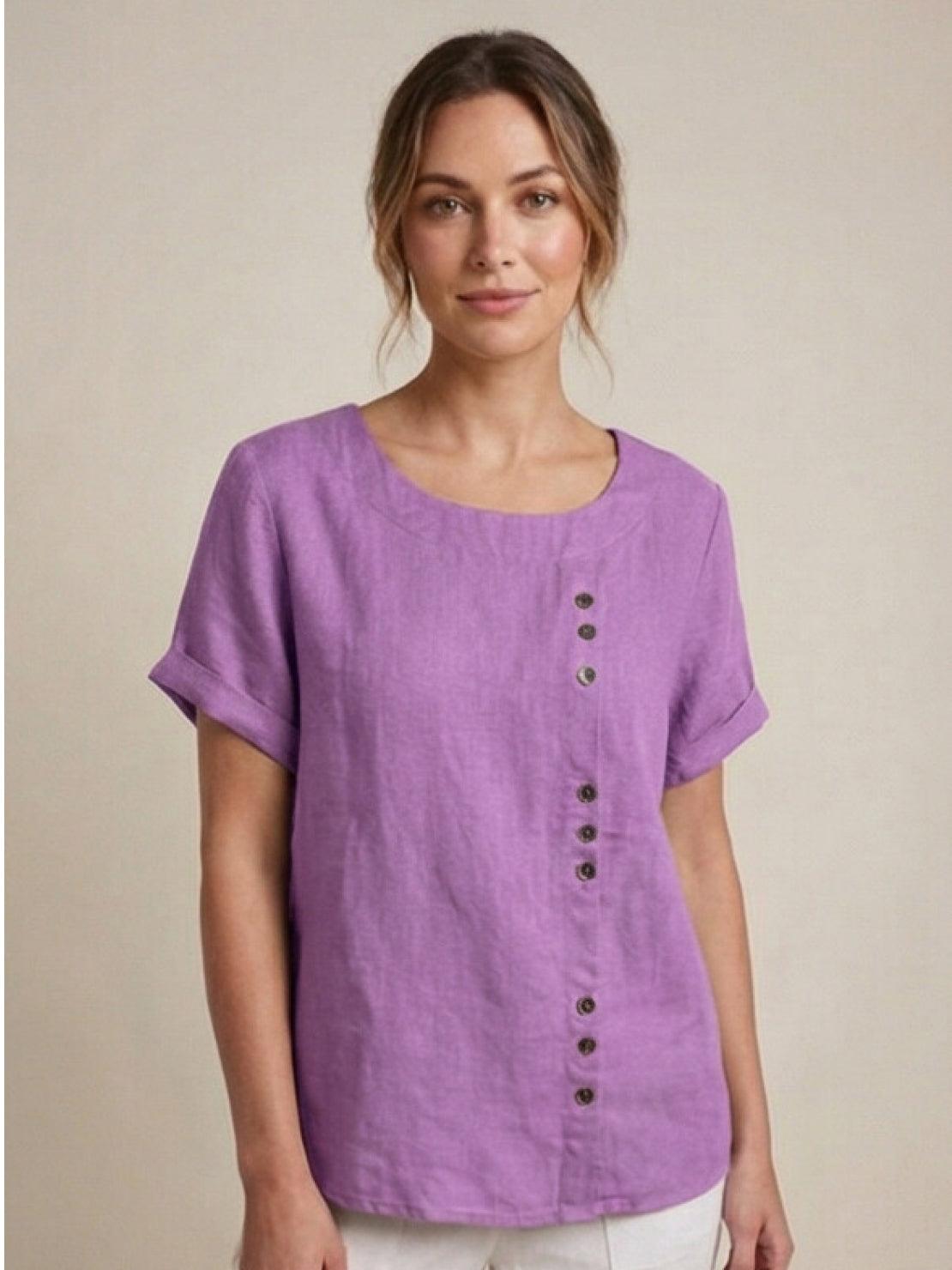Roseline Beaumont | Women's Green Linen Short Sleeve Top with Button Detail