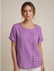 Roseline Beaumont | Women's Green Linen Short Sleeve Top with Button Detail