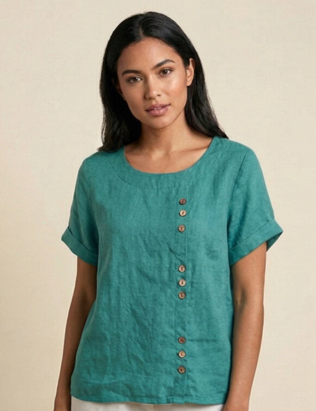 Roseline Beaumont | Women's Green Linen Short Sleeve Top with Button Detail
