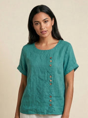 Roseline Beaumont | Women's Green Linen Short Sleeve Top with Button Detail