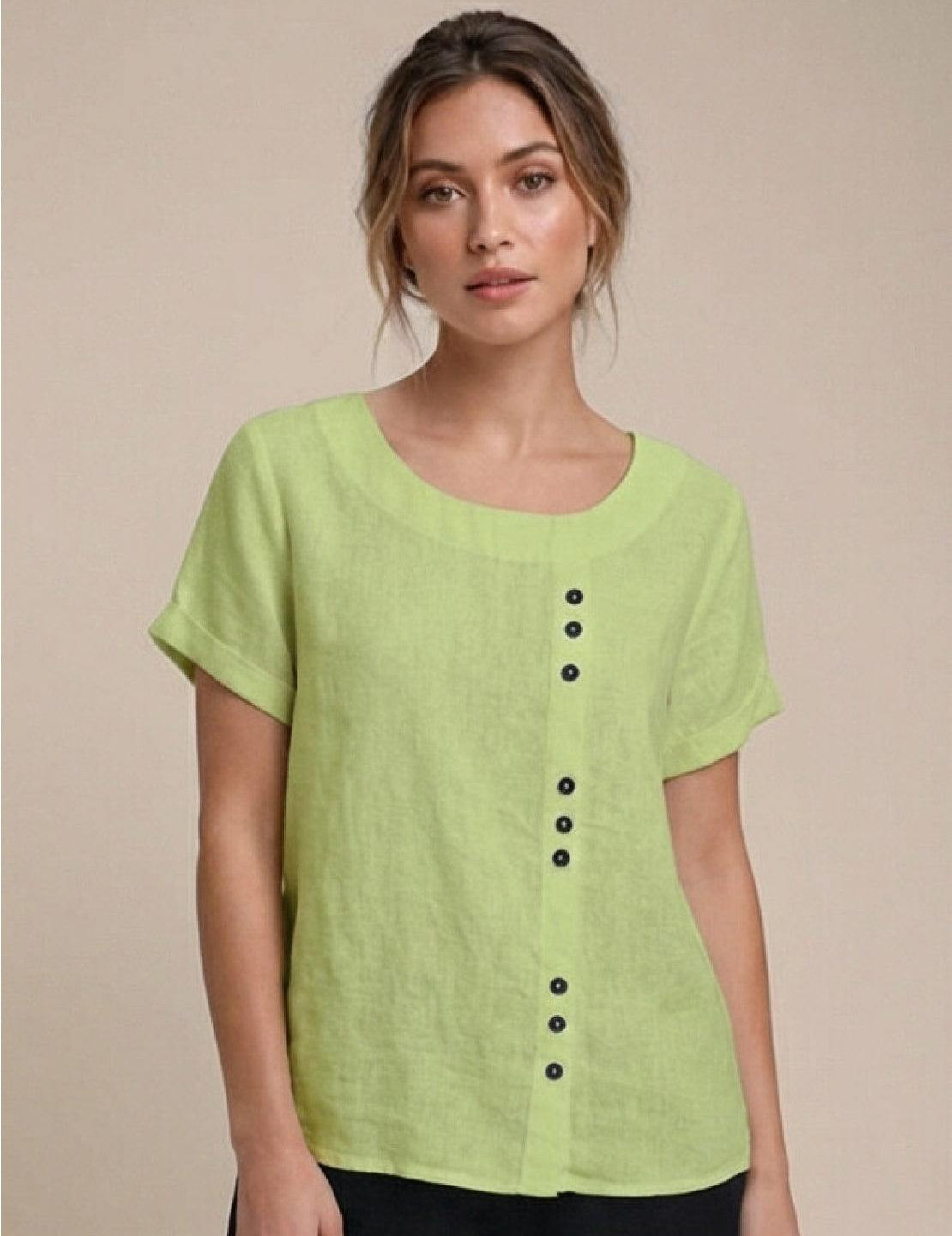 Roseline Beaumont | Women's Green Linen Short Sleeve Top with Button Detail