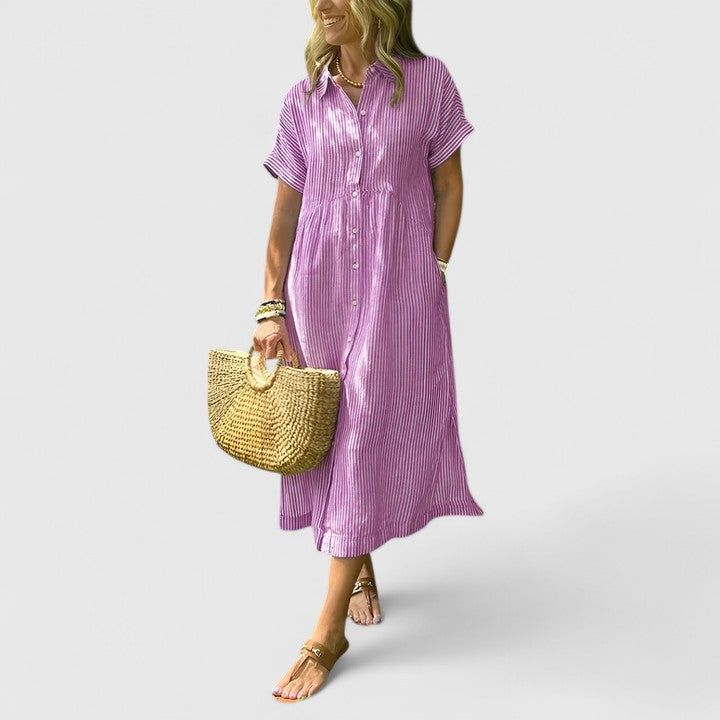 Clarisse Devonport | Blue Striped Linen Midi Shirt Dress